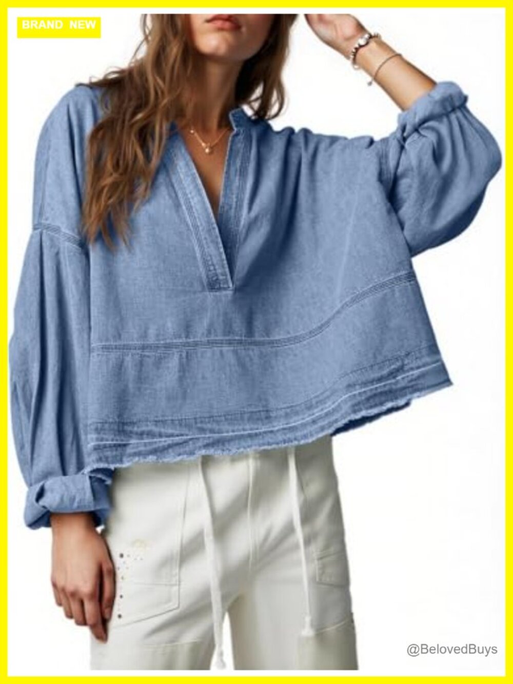 Womens Denim Top Puff Long Sleeve V Neck Casual Jean Shirt